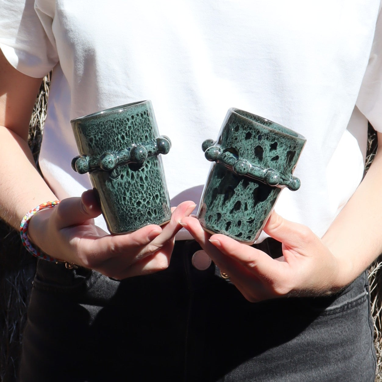 Set of 6 glasses with porcelain sandstone balls - reactive green - 250ml