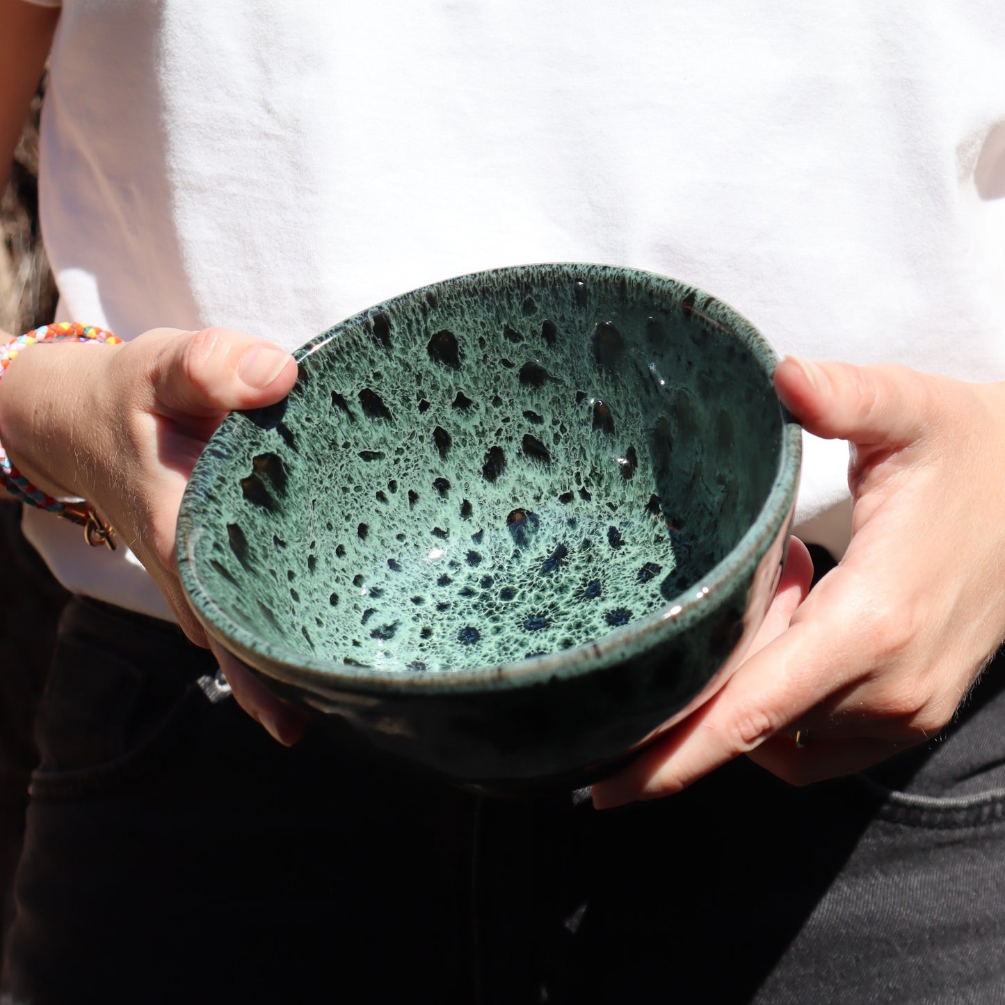 Set of 6 bowls in porcelain sandstone - reactive green - Ø15cm