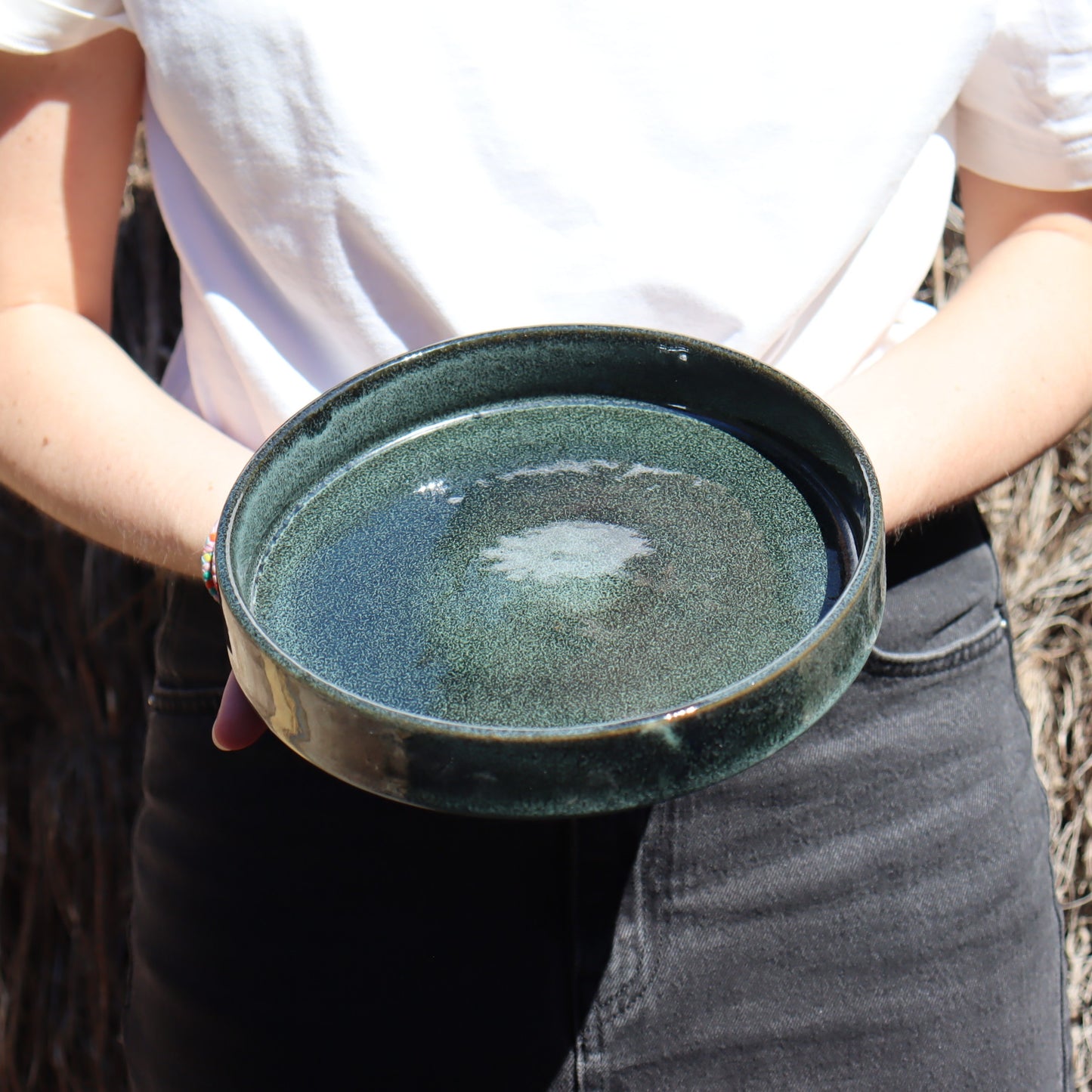 Set of 6 plates in rim porcelain sandstone - reactive green - Ø20cm