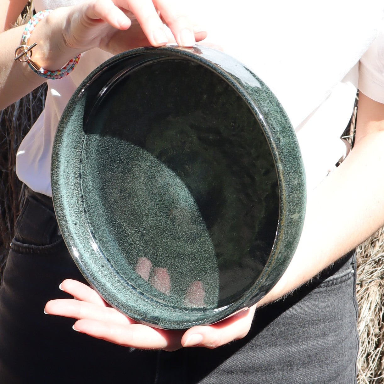 Set of 6 plates in rim porcelain sandstone - reactive green - Ø20cm