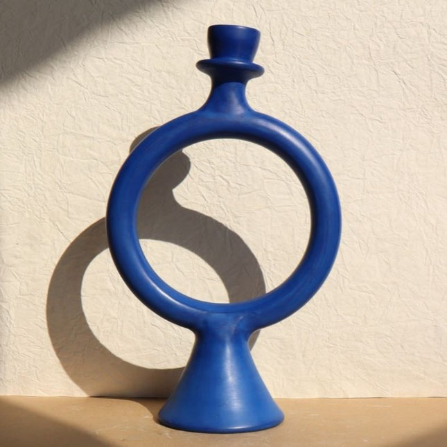 Bougeoir Circulaire Céramique - Fait Main - Bleu Amazigh
