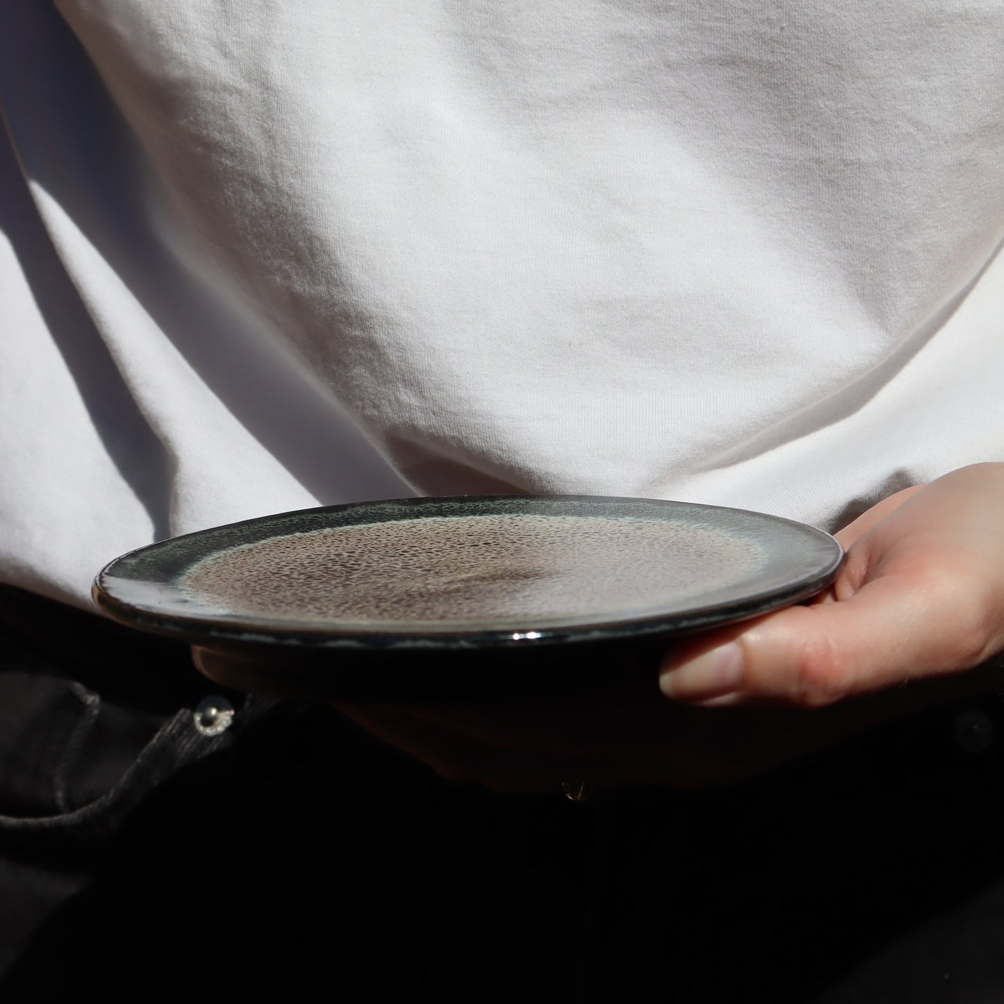 Set of 2 flat plates with porcelain sandstone dessert - Reactive green - Ø15cm