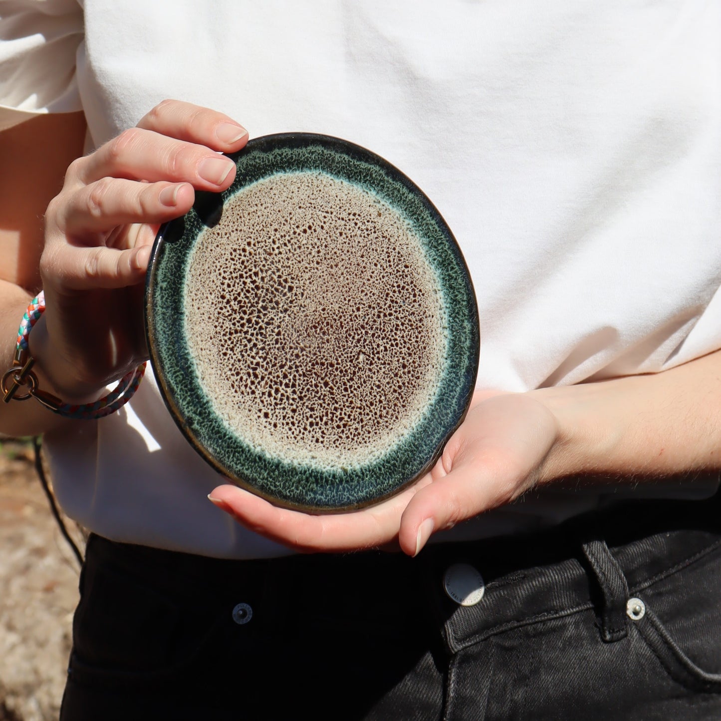 Set of 2 flat plates with porcelain sandstone dessert - Reactive green - Ø15cm