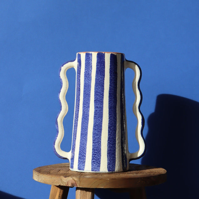 Vase Pigna à Rayures - Anses Ondulées - Bleu et blanc
