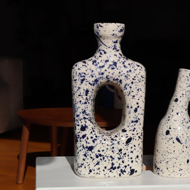 Vase Moucheté Roma - Céramique Fait main -  Blanc et bleu