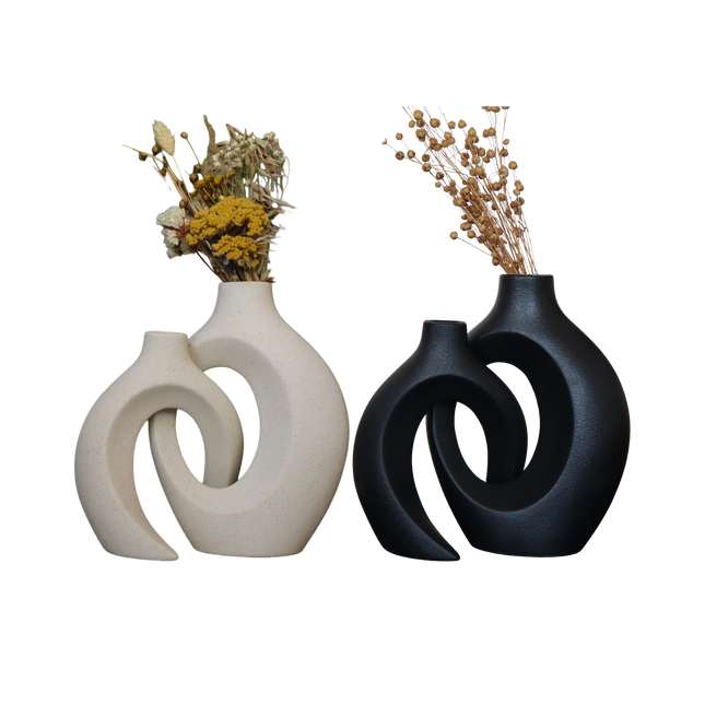 Set : 2 Duos de Vases Enlacés en céramique (écru et noir)