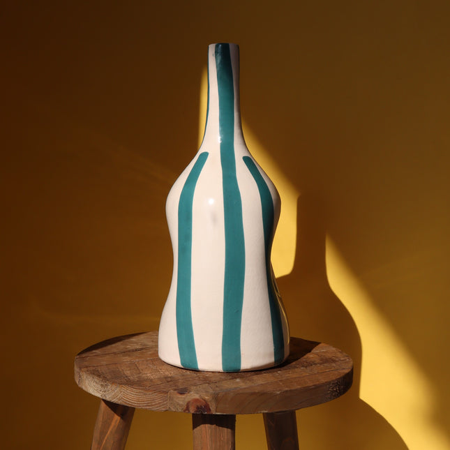 Vase Soliflore Déformé Rayé  - Bleu Canard